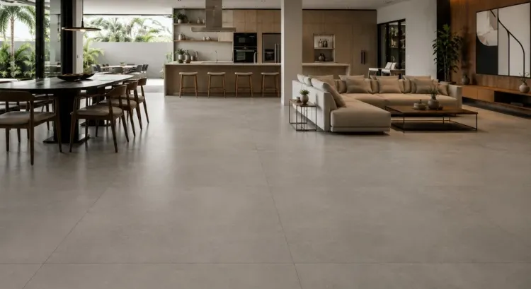 1 de 2 O Tribeca Grey 120x120, da Biancogres, reproduz o efeito do cimento com grandes placas que ampliam a continuidade visual dos ambientes — Foto: Acervo Vilarejo